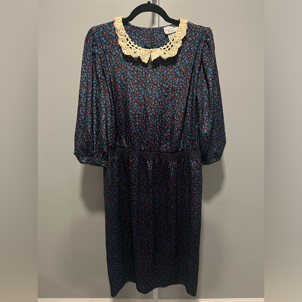 Stuart Alan Petites Vintage 80s Black Red Purple Floral Collar Dress Size 12